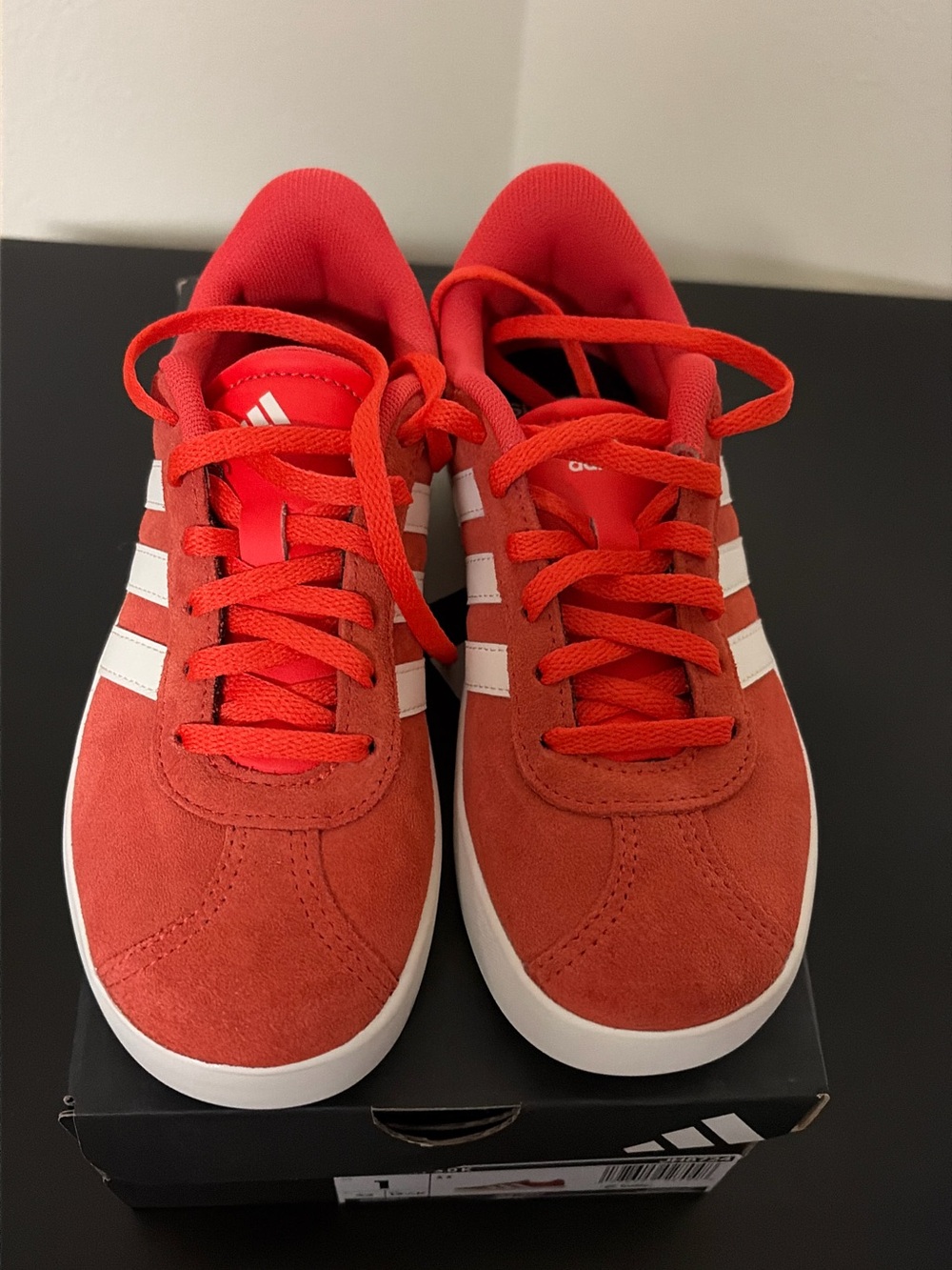 adidas Kid’s Red Suede Low-Top Sneakers with White Stripes